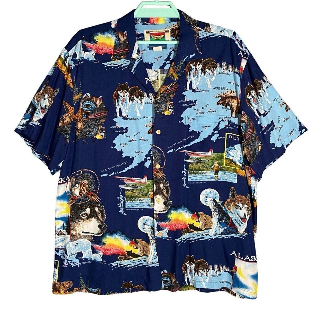 Banana Jack Hawaiian Camp Shirt Alaska Wolf Seaplane Moose Native American